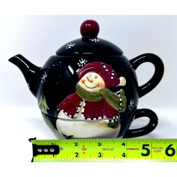 Wongs Ceramic Teapot For One Navy Snowman Snowflakes Pine Trees 3 Pc 20 oz 2006 - Picture 12 of 14